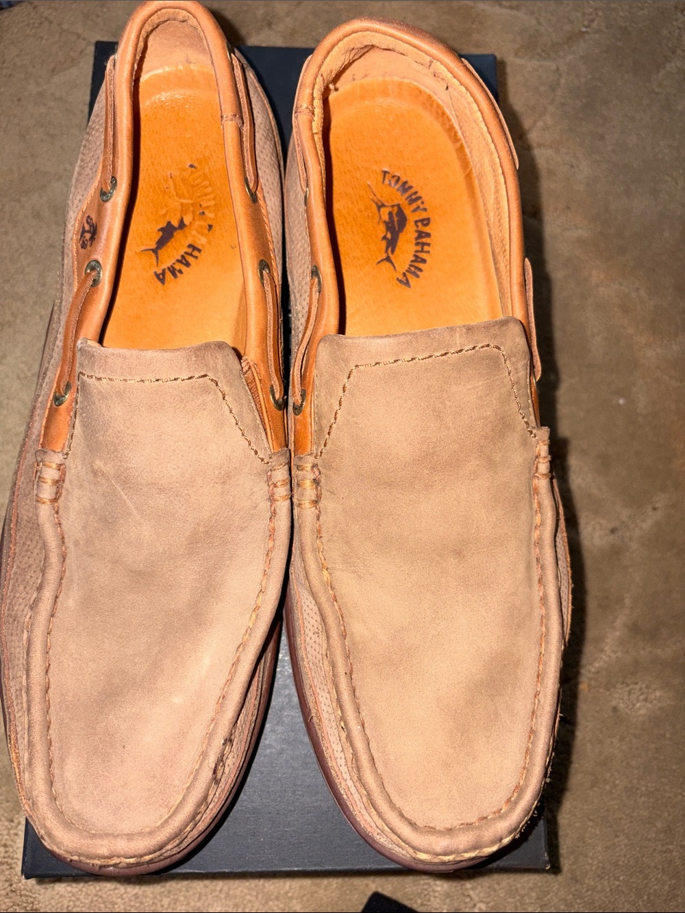 Tommy Bahama Men's Light Brown Suede Slip-On Loafers with Orange Insole